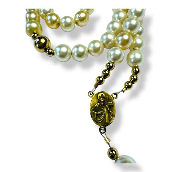 Faux Pearl Rosary Blue Rhinestone Beads Mother of Pearl Crucifix Prayer Beads - Picture 3 of 6